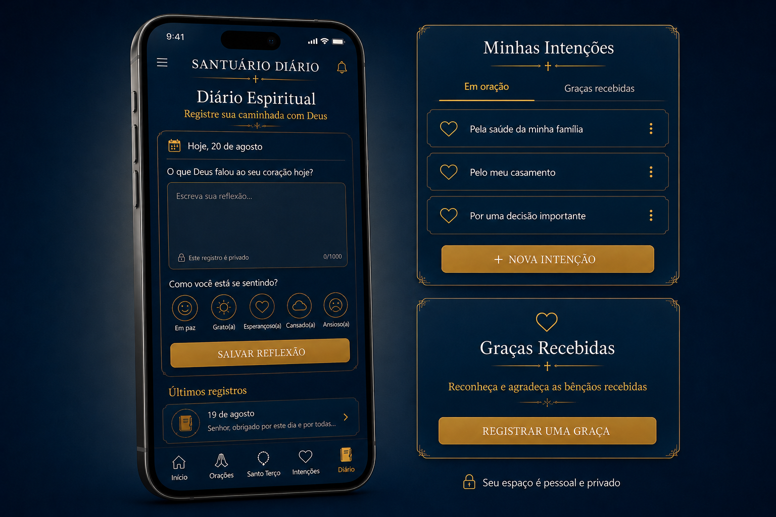 Telas do diário espiritual e de minhas intenções do aplicativo