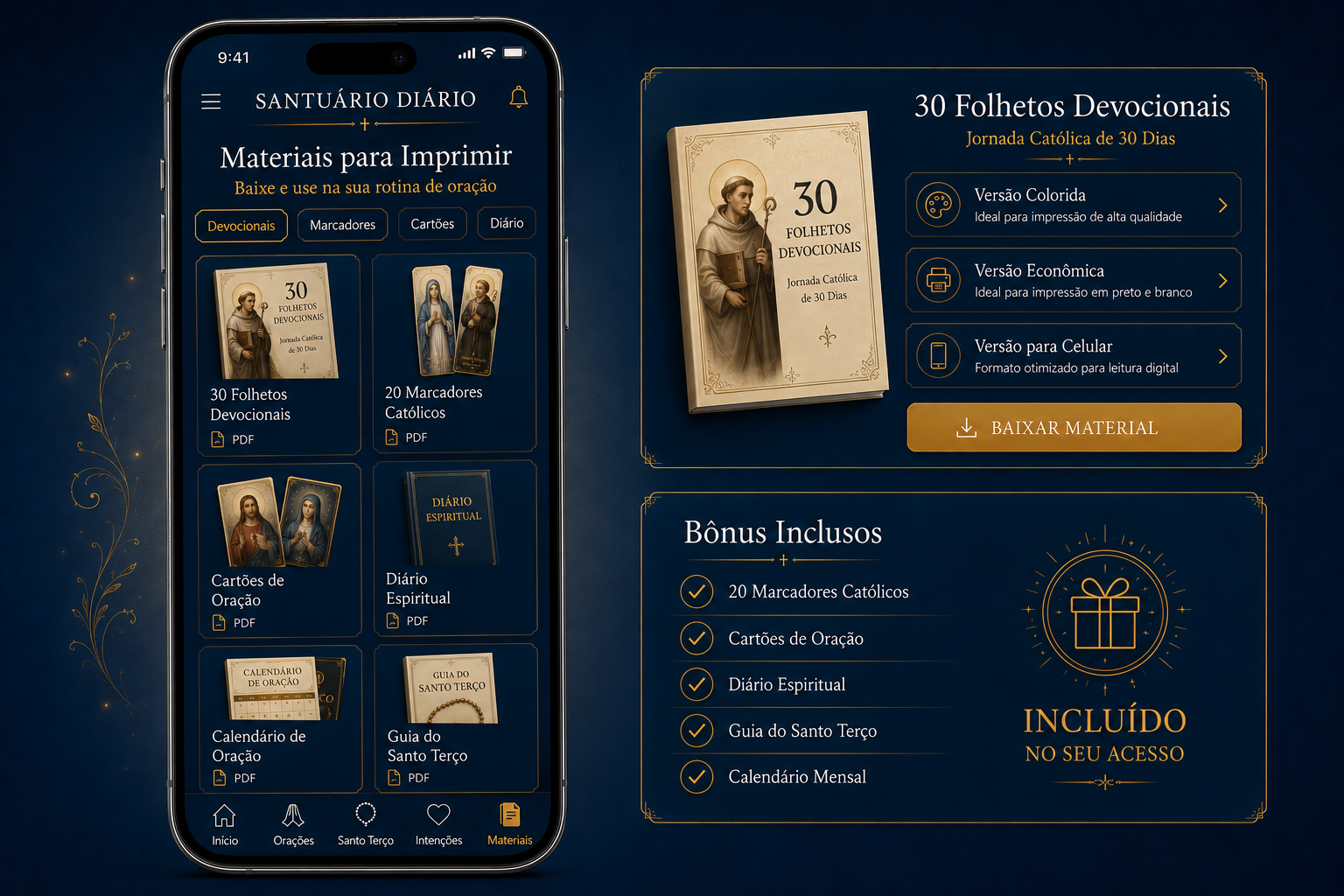 Tela de materiais para imprimir dentro do aplicativo, com folhetos, marcadores e cartões