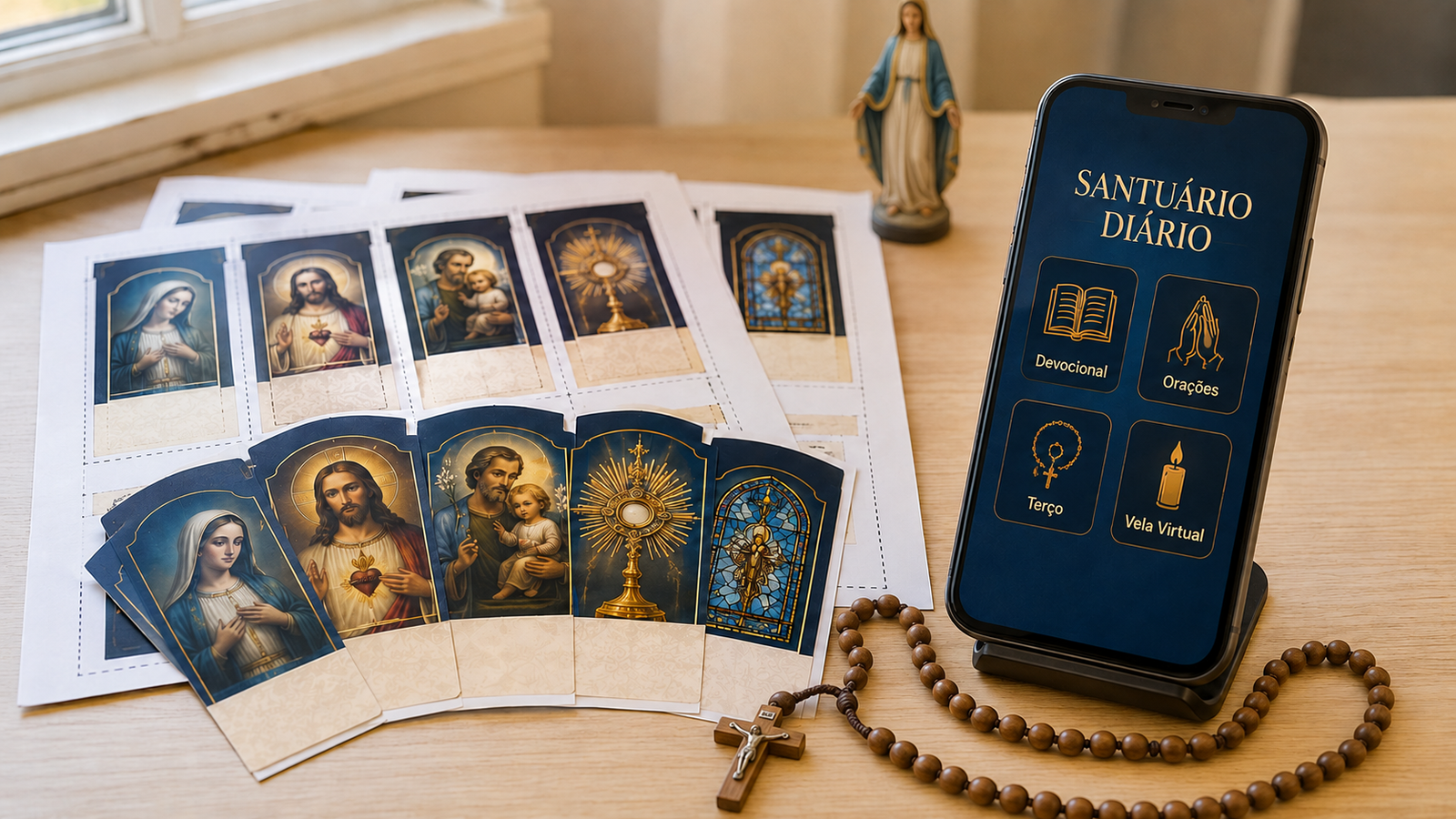 Folhetos devocionais, celular com o App Santuário Diário e terço sobre uma mesa, ao lado de uma imagem de Nossa Senhora