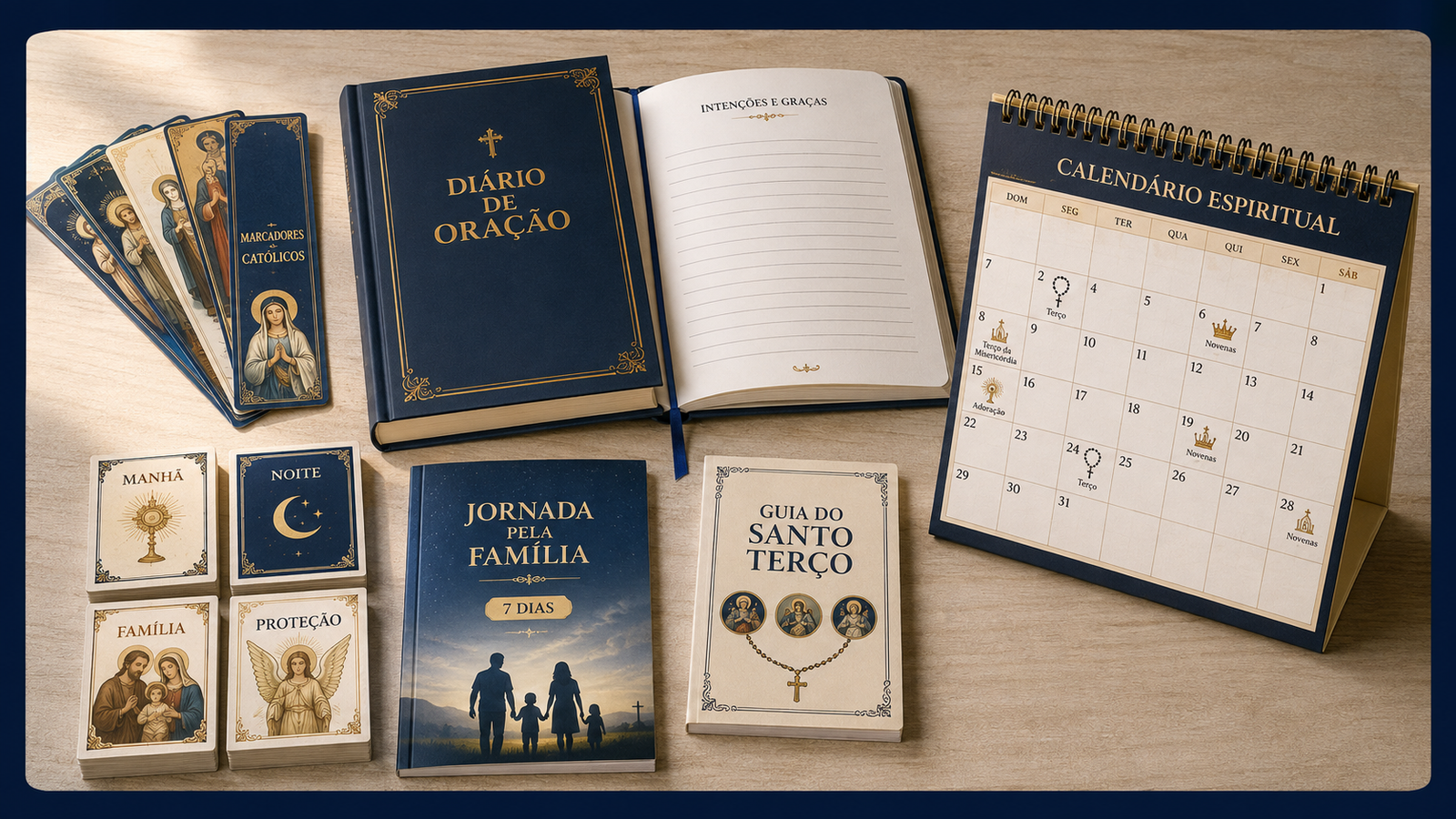 Marcadores católicos, diário de oração, jornada pela família, guia do terço e calendário espiritual sobre uma mesa